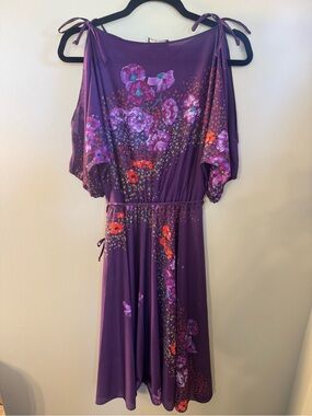 ORITE VINTAGE Floral Midi Dress S/XS Purple Boho Cottagecore Tie Shoulder Dress
